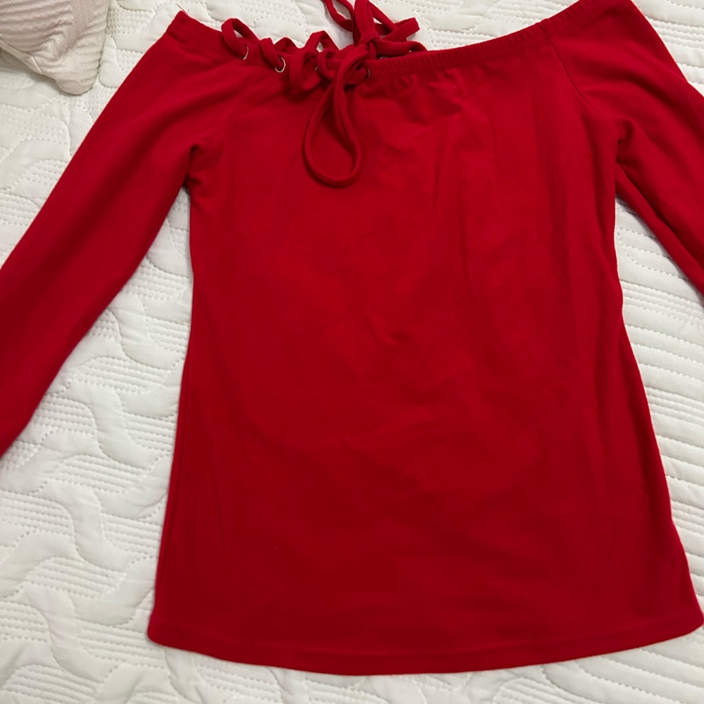 CBR Red Lace-Up Off-Shoulder Blouse